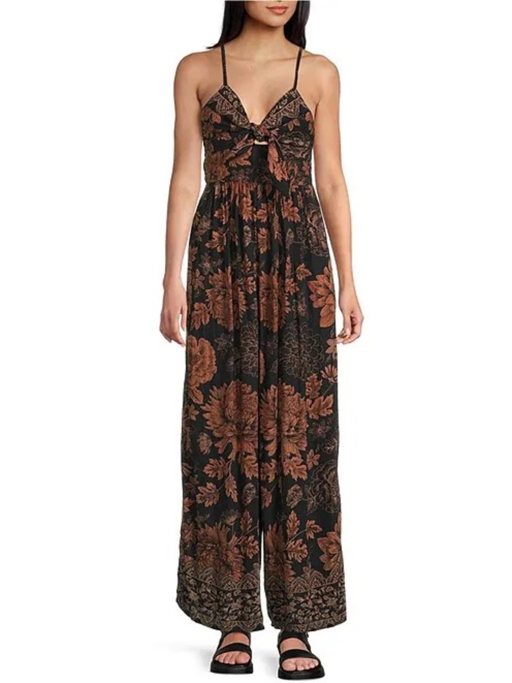 Angie NWT Sleeveless  Floral/Border Print Keyhole Knot Front Wide Leg Jumpsuit